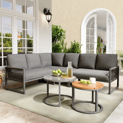 Conjunto de jardim para 6-7 pessoas - Sofá de canto, estrutura metálica, almofadas incluídas - Cinza
