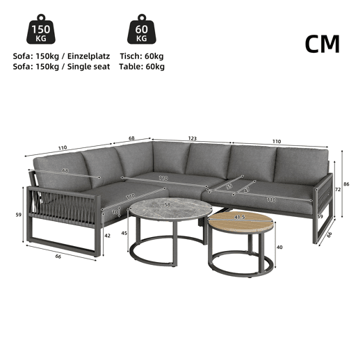 Conjunto de jardim para 6-7 pessoas - Sofá de canto, estrutura metálica, almofadas incluídas - Cinza