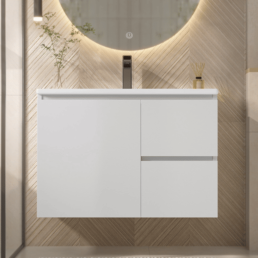 Armário de casa de banho suspenso 76x46x50 cm - LED, duas gavetas, prateleiras, lavatório integrado - Branco Armário de casa de banho suspenso 76x46x50 cm - LED, duas gavetas, prateleiras, lavatório integrado - Branco