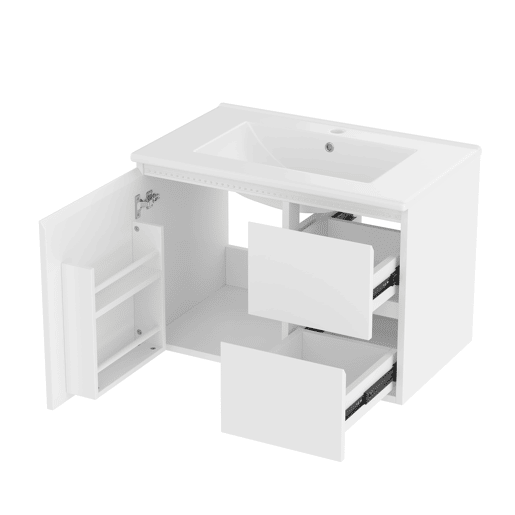 Armário de casa de banho suspenso 76x46x50 cm - LED, duas gavetas, prateleiras, lavatório integrado - Branco Armário de casa de banho suspenso 76x46x50 cm - LED, duas gavetas, prateleiras, lavatório integrado - Branco