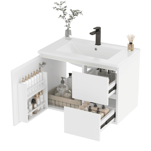 Armário de casa de banho suspenso 76x46x50 cm - LED, duas gavetas, prateleiras, lavatório integrado - Branco Armário de casa de banho suspenso 76x46x50 cm - LED, duas gavetas, prateleiras, lavatório integrado - Branco