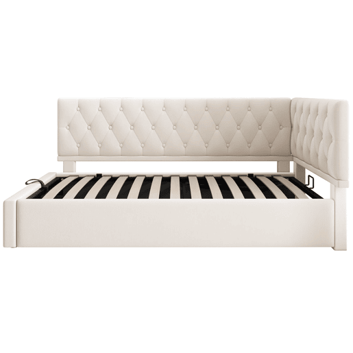 Cama Polsterbett 90x190 cm - Sofá-cama com arrumação hidráulica e cabeceira em madeira - Bege