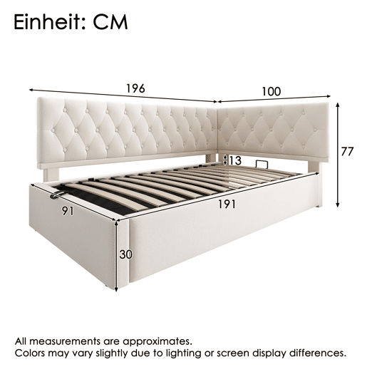 Cama Polsterbett 90x190 cm - Sofá-cama com arrumação hidráulica e cabeceira em madeira - Bege