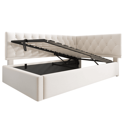 Cama Polsterbett 90x190 cm - Sofá-cama com arrumação hidráulica e cabeceira em madeira - Bege