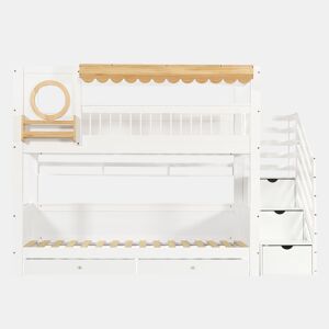 Beliche infantil 90x200 cm - Com gavetas, escada com armário, prateleiras laterais - Branco+Natural