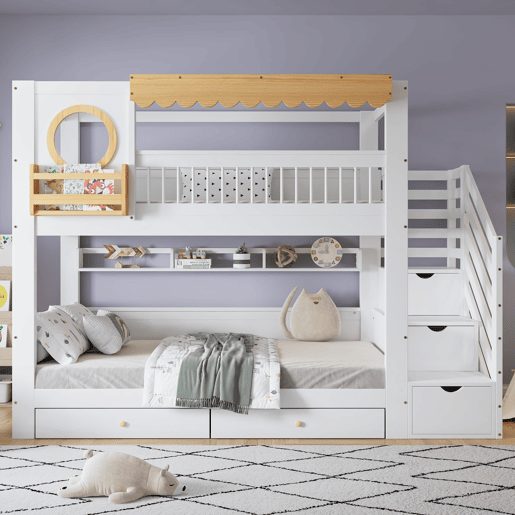 Beliche infantil 90x200 cm - Com gavetas, escada com armário, prateleiras laterais - Branco+Natural