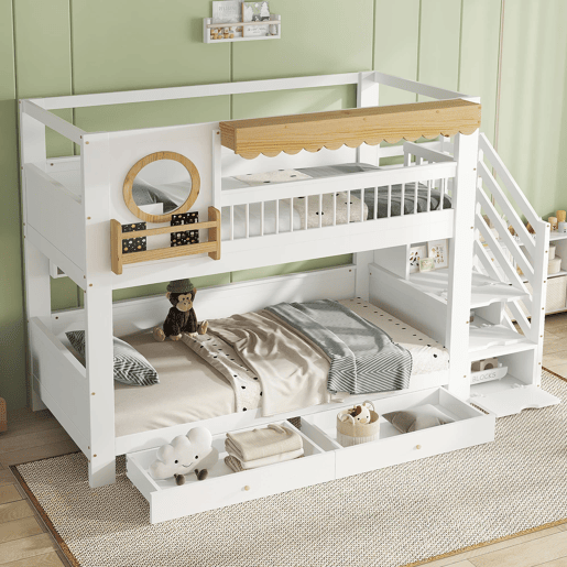 Beliche infantil 90x200 cm - Com gavetas, escada com armário, prateleiras laterais - Branco+Natural