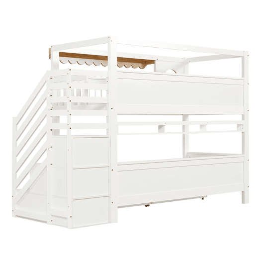 Beliche infantil 90x200 cm - Com gavetas, escada com armário, prateleiras laterais - Branco+Natural