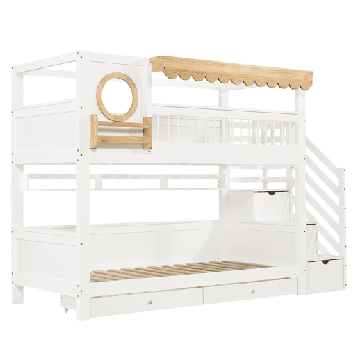 Beliche infantil 90x200 cm - Com gavetas, escada com armário, prateleiras laterais - Branco+Natural