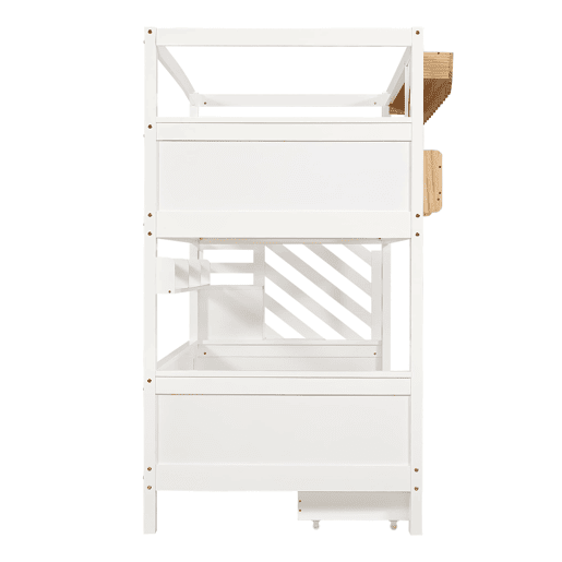 Beliche infantil 90x200 cm - Com gavetas, escada com armário, prateleiras laterais - Branco+Natural