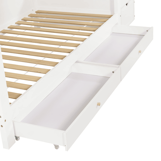 Beliche infantil 90x200 cm - Com gavetas, escada com armário, prateleiras laterais - Branco+Natural