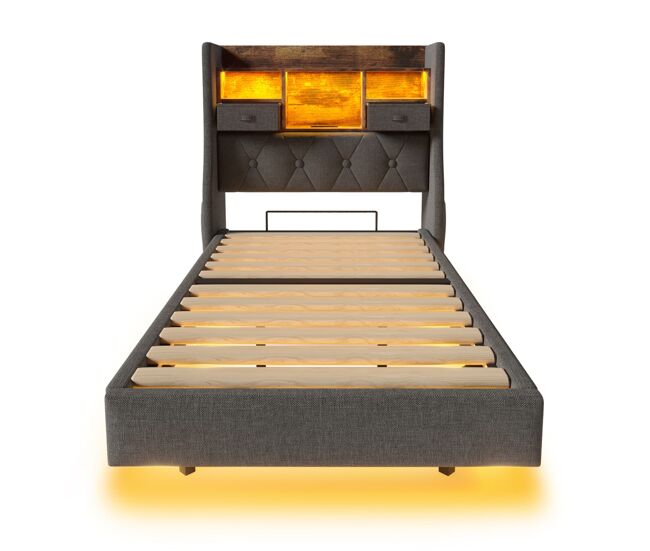 Cama polsterbett 90x200 cm - cama flotante con led, cabecero y estación de carga, gris
