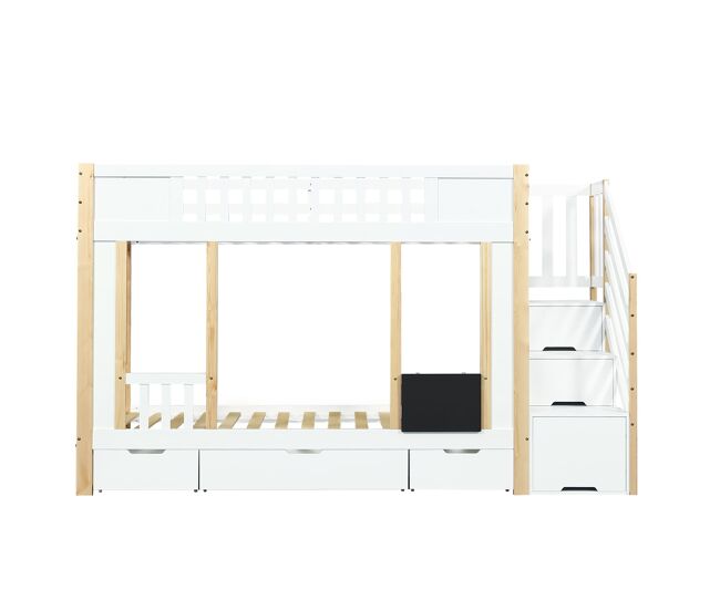 Cama alta 90x200 cm - con armario escalera, tres cajones, pizarra, madera de pino - blanco + natural