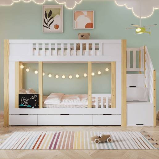 Cama alta 90x200 cm - Com armário escada, três gavetas, quadro negro, madeira de pinho - Branco + Natural