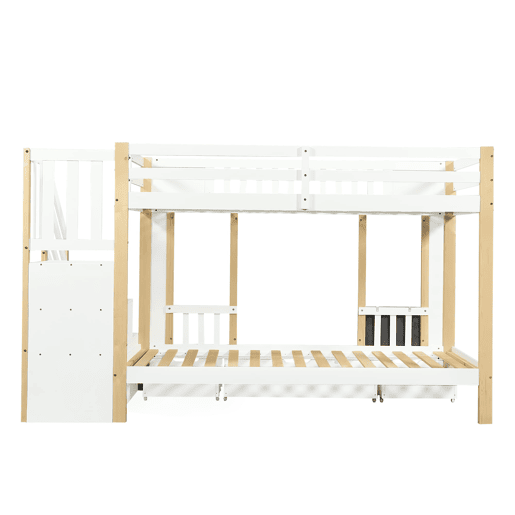 Cama alta 90x200 cm - Com armário escada, três gavetas, quadro negro, madeira de pinho - Branco + Natural