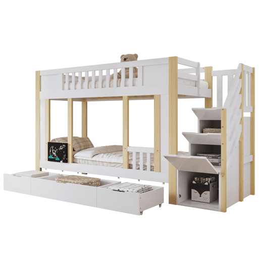 Cama alta 90x200 cm - Com armário escada, três gavetas, quadro negro, madeira de pinho - Branco + Natural