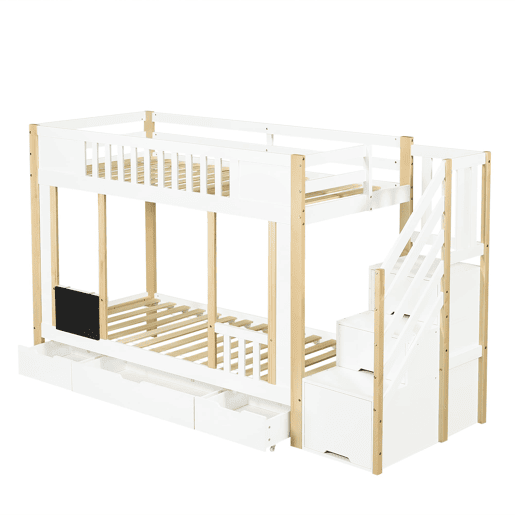 Cama alta 90x200 cm - Com armário escada, três gavetas, quadro negro, madeira de pinho - Branco + Natural