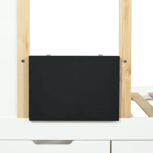 Cama alta 90x200 cm - Com armário escada, três gavetas, quadro negro, madeira de pinho - Branco + Natural