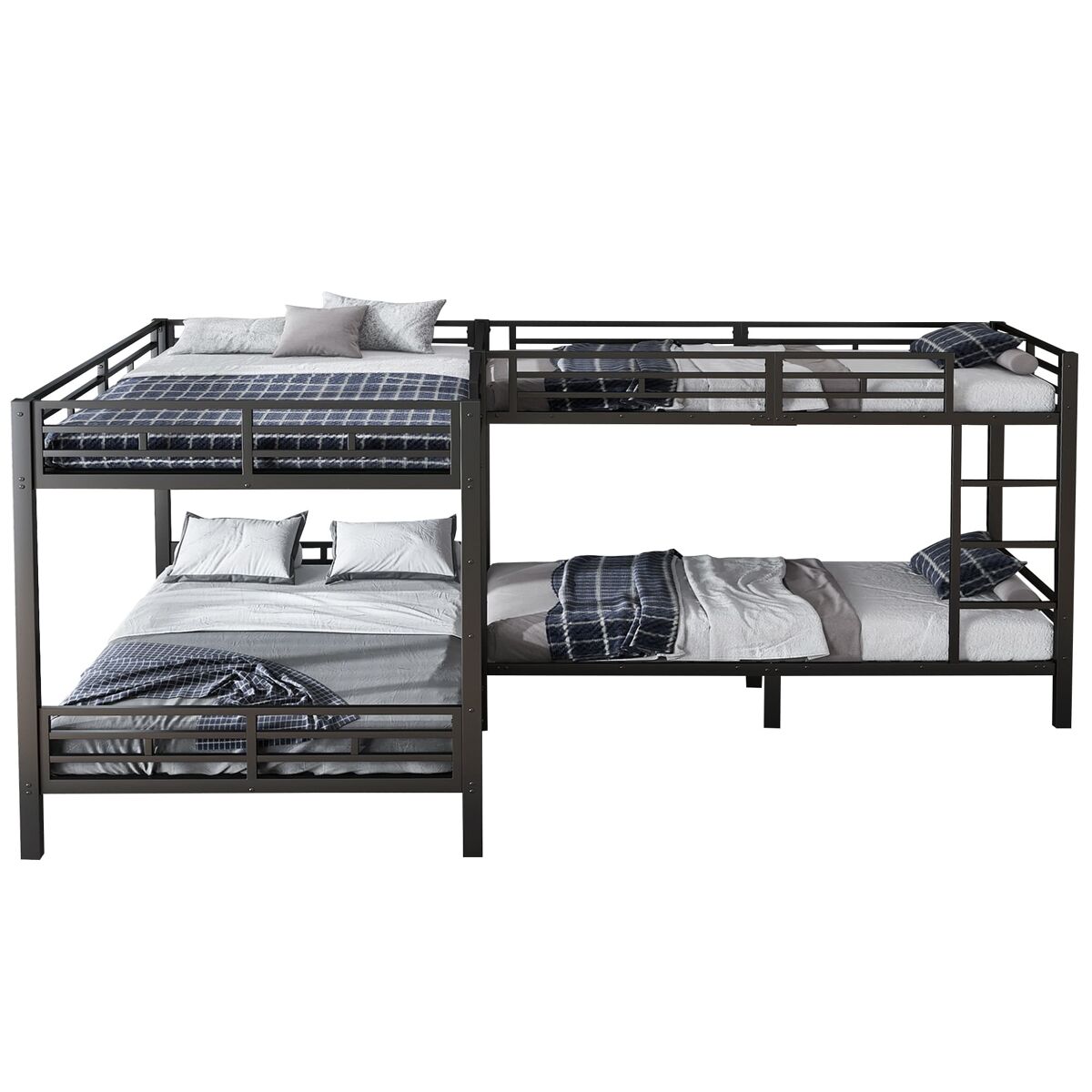 Cama litera 90x200cm & 140x200cm - escalera de 3 peldaños, somier estable, estructura metálica - negra