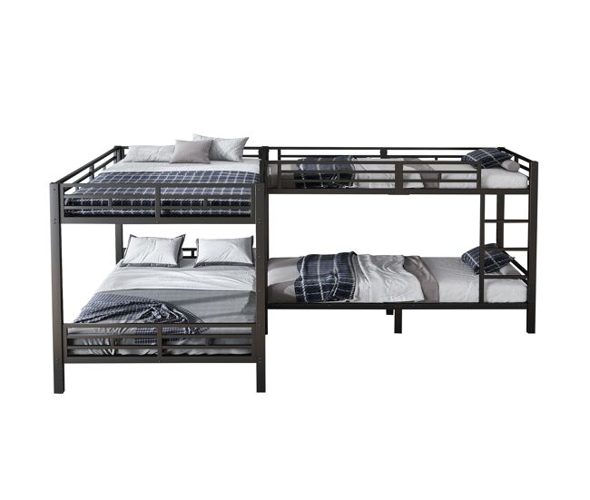 Cama litera 90x200cm & 140x200cm - escalera de 3 peldaños, somier estable, estructura metálica - negra