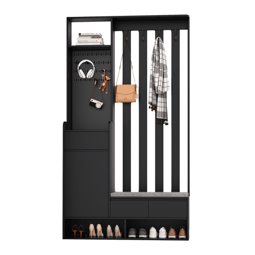 Cabideiro com banco acolchoado 180x100x35 cm - sapateira multifuncional com painel perfurado e 4 ganchos - preto