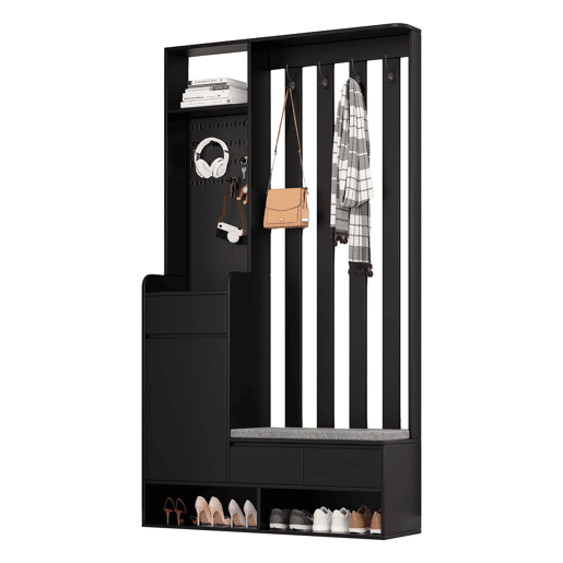 Cabideiro com banco acolchoado 180x100x35 cm - sapateira multifuncional com painel perfurado e 4 ganchos - preto
