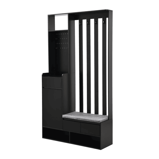 Cabideiro com banco acolchoado 180x100x35 cm - sapateira multifuncional com painel perfurado e 4 ganchos - preto