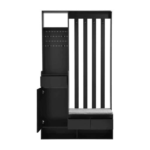 Cabideiro com banco acolchoado 180x100x35 cm - sapateira multifuncional com painel perfurado e 4 ganchos - preto
