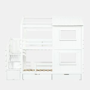 Beliche infantil 90x200 cm - Com armário com escada, prateleiras, gaveta com rodas, janelas e teto - Branco