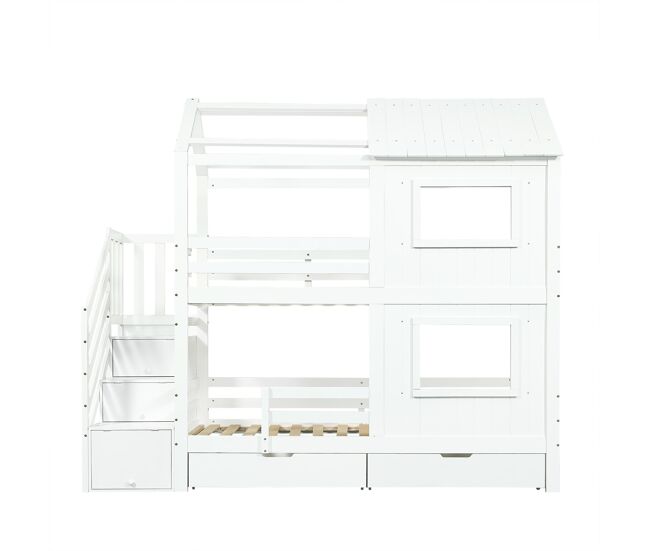 Cama litera infantil 90x200 cm - con treppenschrank, estantes, cajón con ruedas, ventanas y techo - blanco