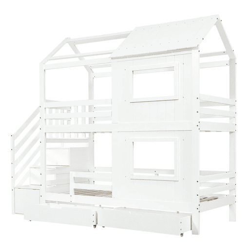 Beliche infantil 90x200 cm - Com armário com escada, prateleiras, gaveta com rodas, janelas e teto - Branco Beliche infantil 90x200 cm - Com armário com escada, prateleiras, gaveta com rodas, janelas e teto - Branco