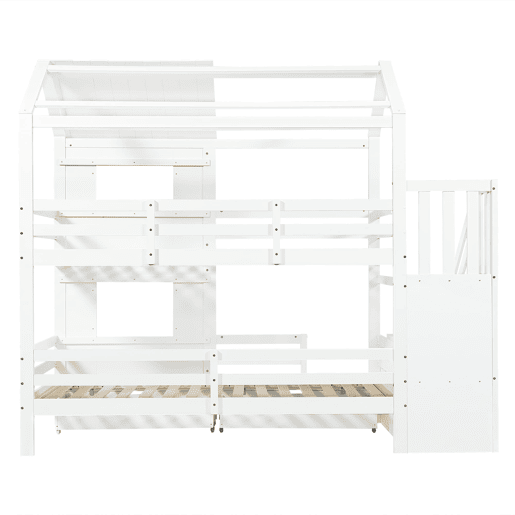 Beliche infantil 90x200 cm - Com armário com escada, prateleiras, gaveta com rodas, janelas e teto - Branco Beliche infantil 90x200 cm - Com armário com escada, prateleiras, gaveta com rodas, janelas e teto - Branco