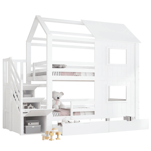 Beliche infantil 90x200 cm - Com armário com escada, prateleiras, gaveta com rodas, janelas e teto - Branco Beliche infantil 90x200 cm - Com armário com escada, prateleiras, gaveta com rodas, janelas e teto - Branco