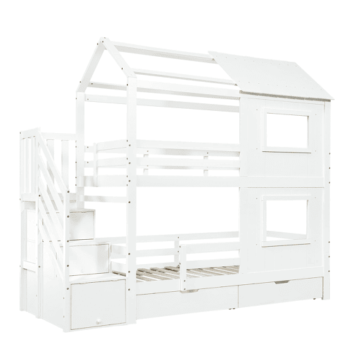 Beliche infantil 90x200 cm - Com armário com escada, prateleiras, gaveta com rodas, janelas e teto - Branco Beliche infantil 90x200 cm - Com armário com escada, prateleiras, gaveta com rodas, janelas e teto - Branco