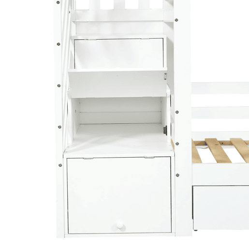 Beliche infantil 90x200 cm - Com armário com escada, prateleiras, gaveta com rodas, janelas e teto - Branco Beliche infantil 90x200 cm - Com armário com escada, prateleiras, gaveta com rodas, janelas e teto - Branco