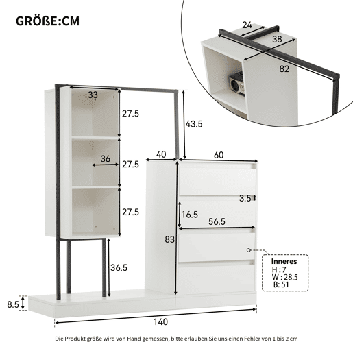 Armário com gavetas + 140x40x135 cm - armário guarda-roupa com barra - branco