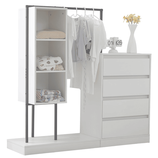Armário com gavetas + 140x40x135 cm - armário guarda-roupa com barra - branco