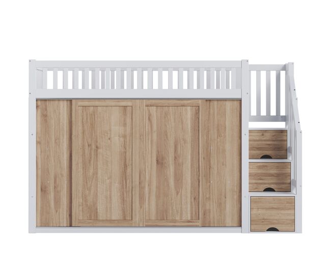 Cama infantil 90x200 cm - cama alta multifuncional con armario y escalera, barra de luces, blanco y roble