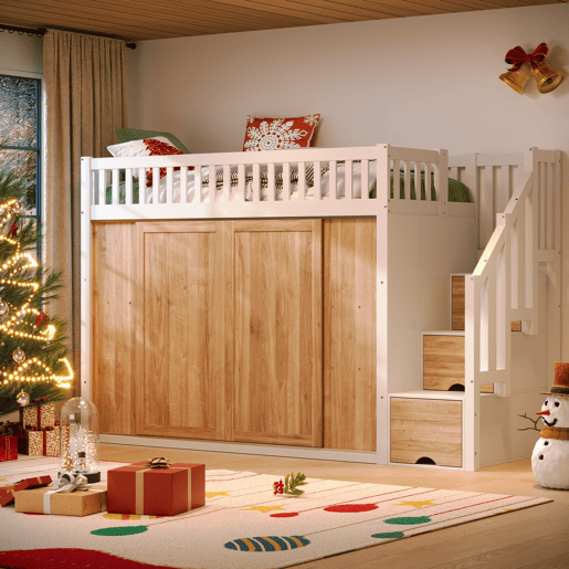 Cama infantil 90x200 cm - Cama alta multifuncional com armário e escada, barra de luzes, branco e carvalho