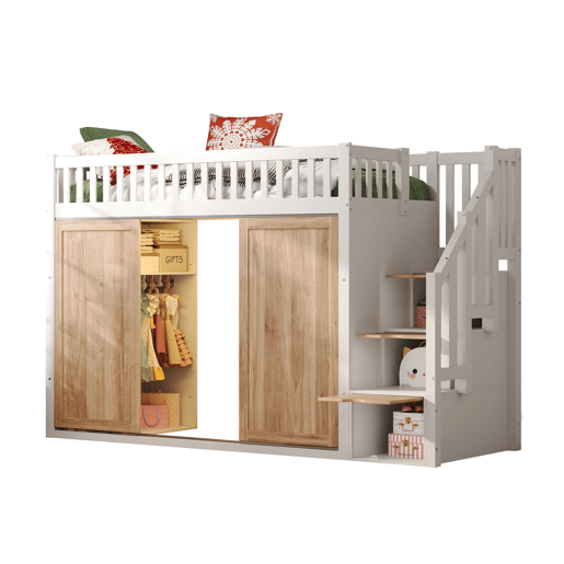Cama infantil 90x200 cm - Cama alta multifuncional com armário e escada, barra de luzes, branco e carvalho