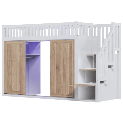 Cama infantil 90x200 cm - Cama alta multifuncional com armário e escada, barra de luzes, branco e carvalho