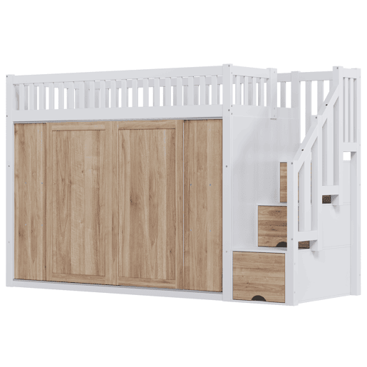 Cama infantil 90x200 cm - Cama alta multifuncional com armário e escada, barra de luzes, branco e carvalho