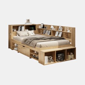 Cama infantil 90x200 cm - Cama com arrumação, multifuncional, com carregamento sem fios - Natural