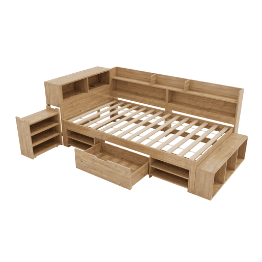 Cama infantil 90x200 cm - Cama com arrumação, multifuncional, com carregamento sem fios - Natural
