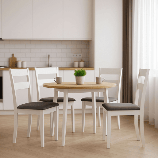 Conjunto de 4 cadeiras de jantar de cozinha, conjunto de 4 cadeiras Lita, assento estofado em melamina branca e cinza