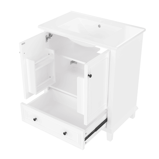 Móvel de casa de banho com pés 76x46x87 cm - Com lavatório cerâmico, grande espaço de arrumação, pés de madeira - Branco Móvel de casa de banho com pés 76x46x87 cm - Com lavatório cerâmico, grande espaço de arrumação, pés de madeira - Branco