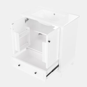 Móvel de casa de banho com pés 76x46x87 cm - Com lavatório cerâmico, grande espaço de arrumação, pés de madeira - Branco