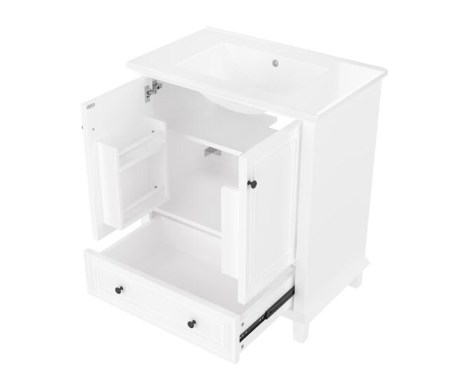Mueble de baño de pie 76x46x87 cm - con lavabo cerámico, almacenamiento grande, patas de madera - blanco