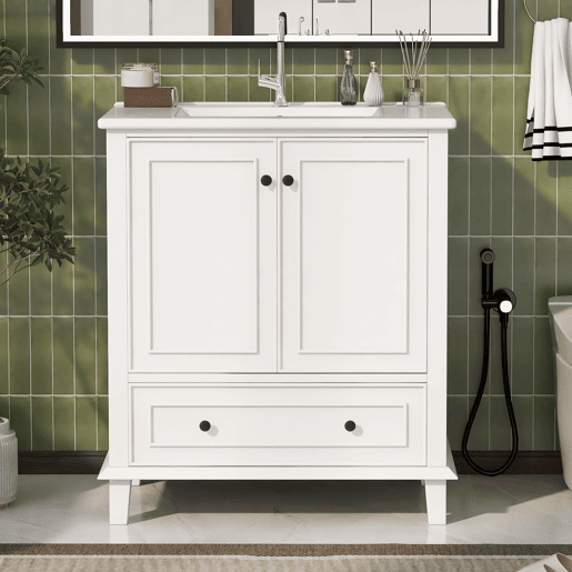 Móvel de casa de banho com pés 76x46x87 cm - Com lavatório cerâmico, grande espaço de arrumação, pés de madeira - Branco Móvel de casa de banho com pés 76x46x87 cm - Com lavatório cerâmico, grande espaço de arrumação, pés de madeira - Branco
