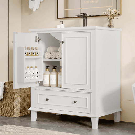 Móvel de casa de banho com pés 76x46x87 cm - Com lavatório cerâmico, grande espaço de arrumação, pés de madeira - Branco Móvel de casa de banho com pés 76x46x87 cm - Com lavatório cerâmico, grande espaço de arrumação, pés de madeira - Branco